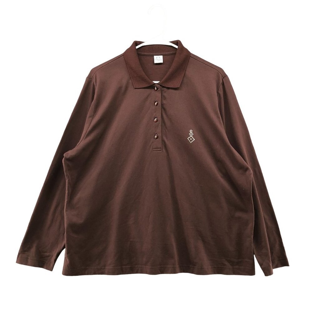 Vintage Long Sleeve Polo Shirt Womens XL EU 48/50 Brown Beaded Accent‎ Buttons